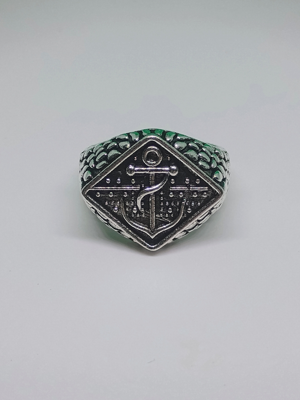 Size 10 Silver-Tone Anchor Signet Ring with Green Accents - Men's Accessory